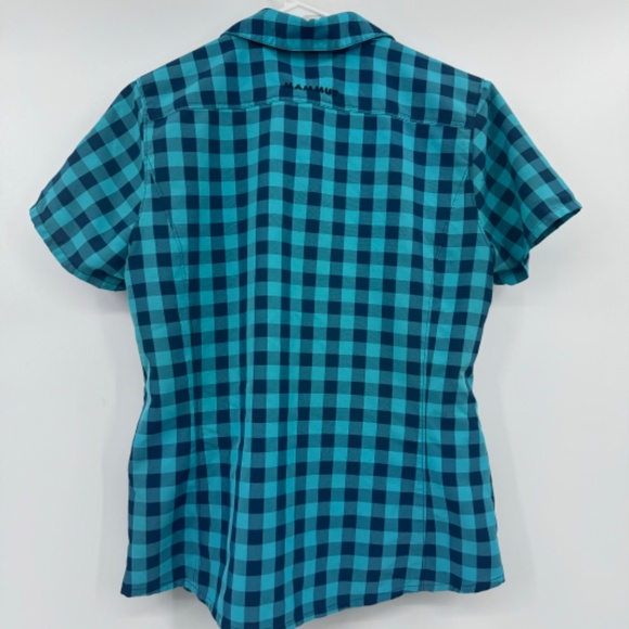 Mammut Top Women Medium Blue Plaid Check Button Up Short Sleeves Lightweight - Picture 5 of 10